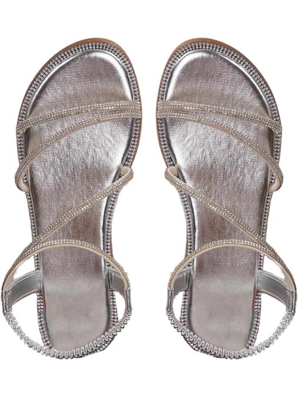 Women's Silver Summer Glitter Open Toe Sparkly Rhinestone Slides Flat Sandals